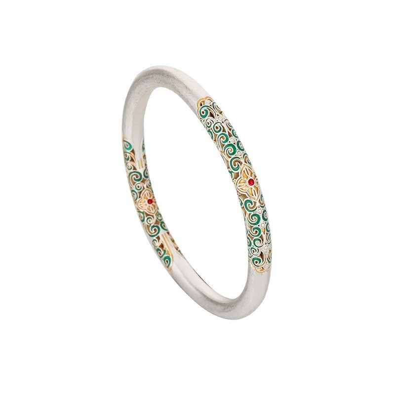 Universal Electroplated Silver-Plated Geometric Pattern Copper Gold-Plated Ancient Enamel Color Curly Grass Pattern Hollow Closed Solid Bracelet For Women National Style Light Luxury Gift