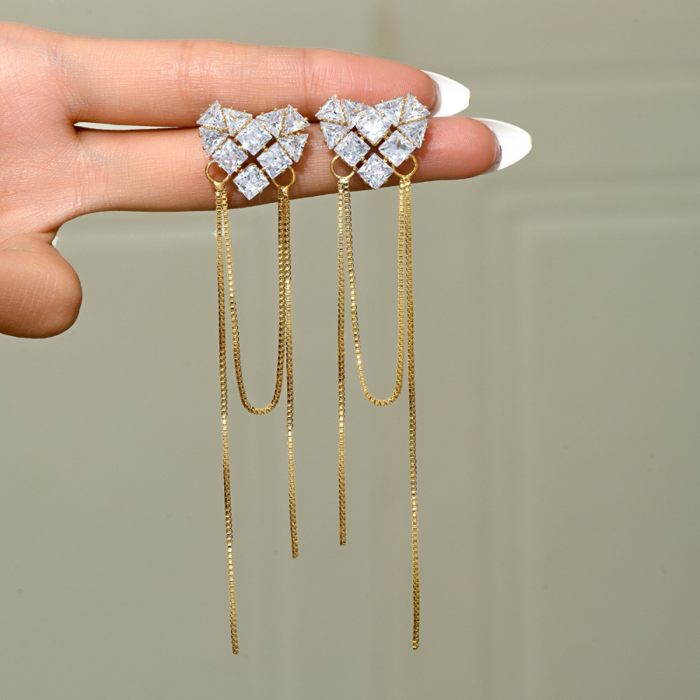 14K Gold Plated Long Tassel Earrings French Vintage Zircon Heart Shaped Elegant Women's Fashion Jewelry Accessories