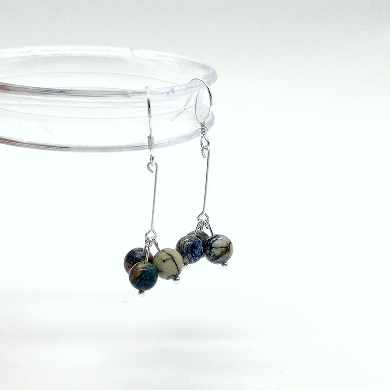 Natural Blue Copper Mine Earrings Women's S925 Silver Ear Needles INS Personality Trendy Three Lives Stone Ear Jewelry Hanfu Accessories