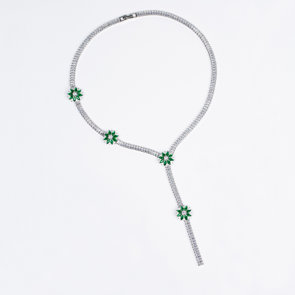 Glimmering Camellia Flower Gem Necklace Earrings Bracelet Ring Evening Gown Accessories Clavicle Chain Floral Ear Studs Jewelry Set