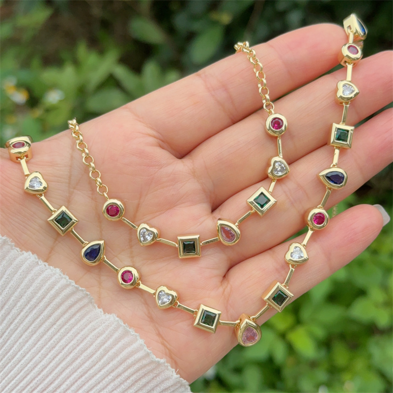 Wholesale Jewelry Classic Style Geometric Copper Zircon 18K Gold Plated Bracelets Necklace Jewelry Set Italian Charm & Links