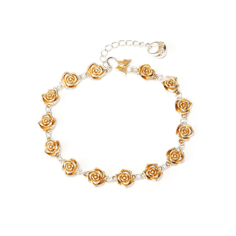 Silver-Plated Bracelet With Gold Rose Flower Geometric Pattern, Vintage Ethnic Style Joy Bracelet, National Trend Exquisite Versatile Fashion Light Luxury Gift For Girlfriend