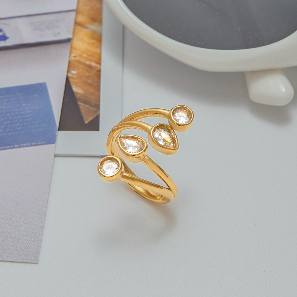 Ladies Minimalist Style Ring 18K Gold Stainless Steel Zirconia White Zirconia Waterdrop Round Open Ring Adjustable Size Travel Friendly