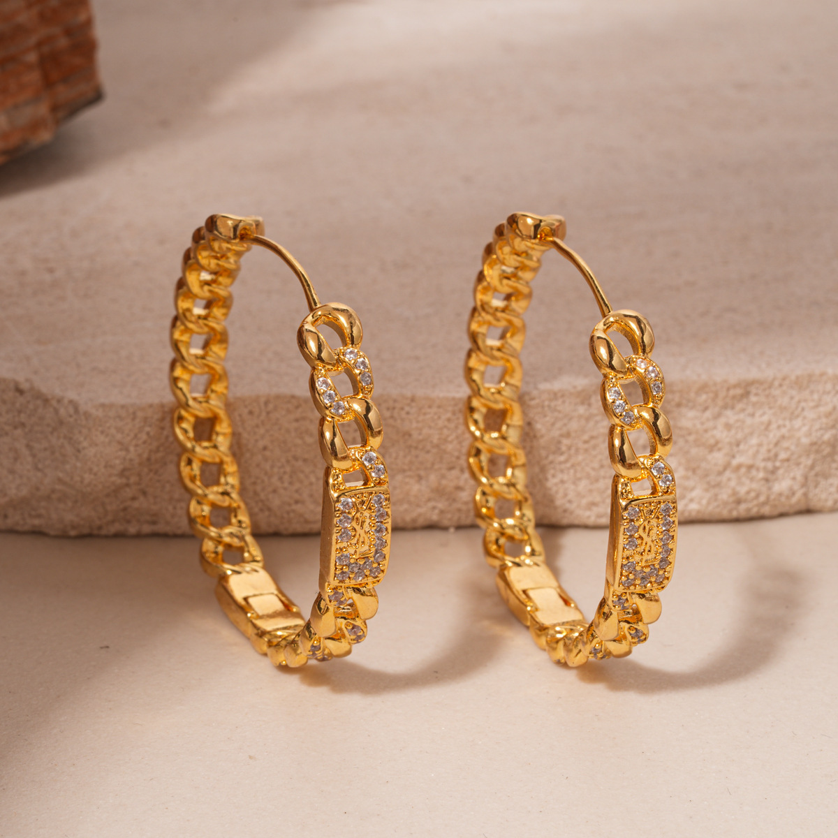 Exquisite Gold Plated Round Chain Zirconia Earrings Women's Fashion Jewelry Ear Cuffs Geometric Pattern Luxury Feelings