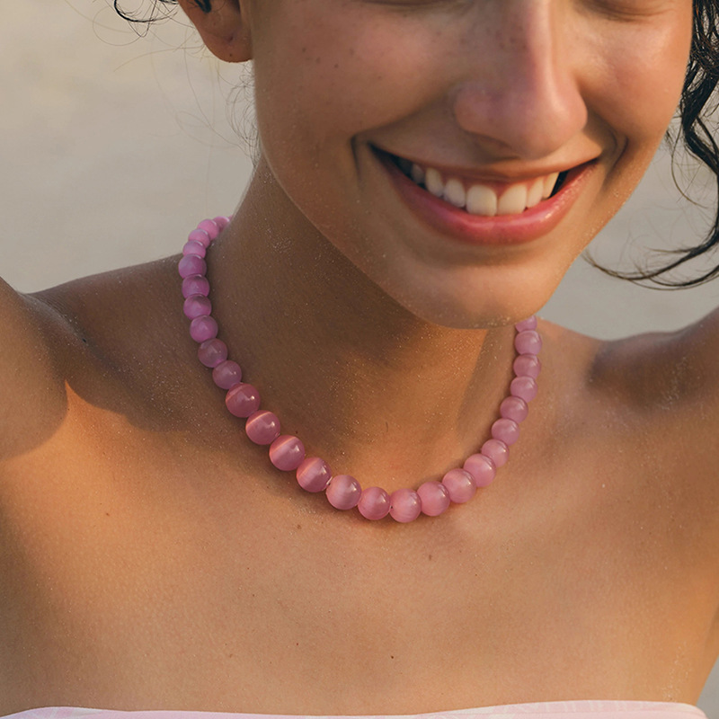 Classic Style Round Cat's Eye Stone Copper Beaded Chain Necklace In Bulk