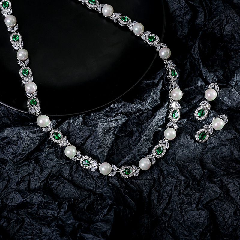New Style Wedding Luxury Pearl Necklace Earring Set Full Of Diamonds AAA Zirconia Stone Banquet Elegant Accessories Bridal Jewelry