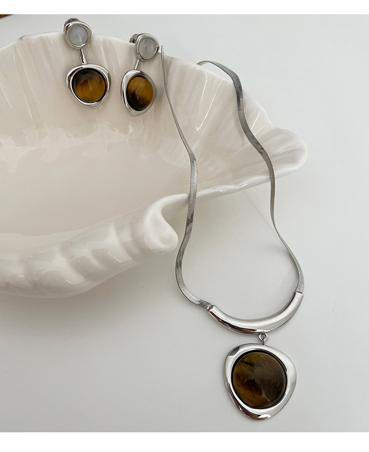 Elegant Vintage Tiger Eye Stone Pendant Necklace Set For Women Geometric Irregular Design Unique Fashion Jewelry Accessories