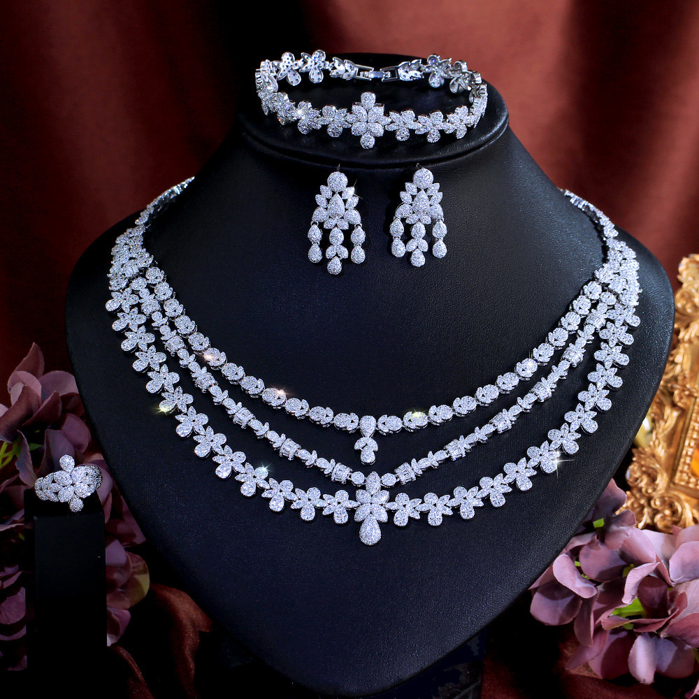 Women's 4 Piece Gold Plated Copper Jewelry Set Zircon Necklace Earrings Bracelet Ring Bridal Set For Wedding Party Date New Style Luxury