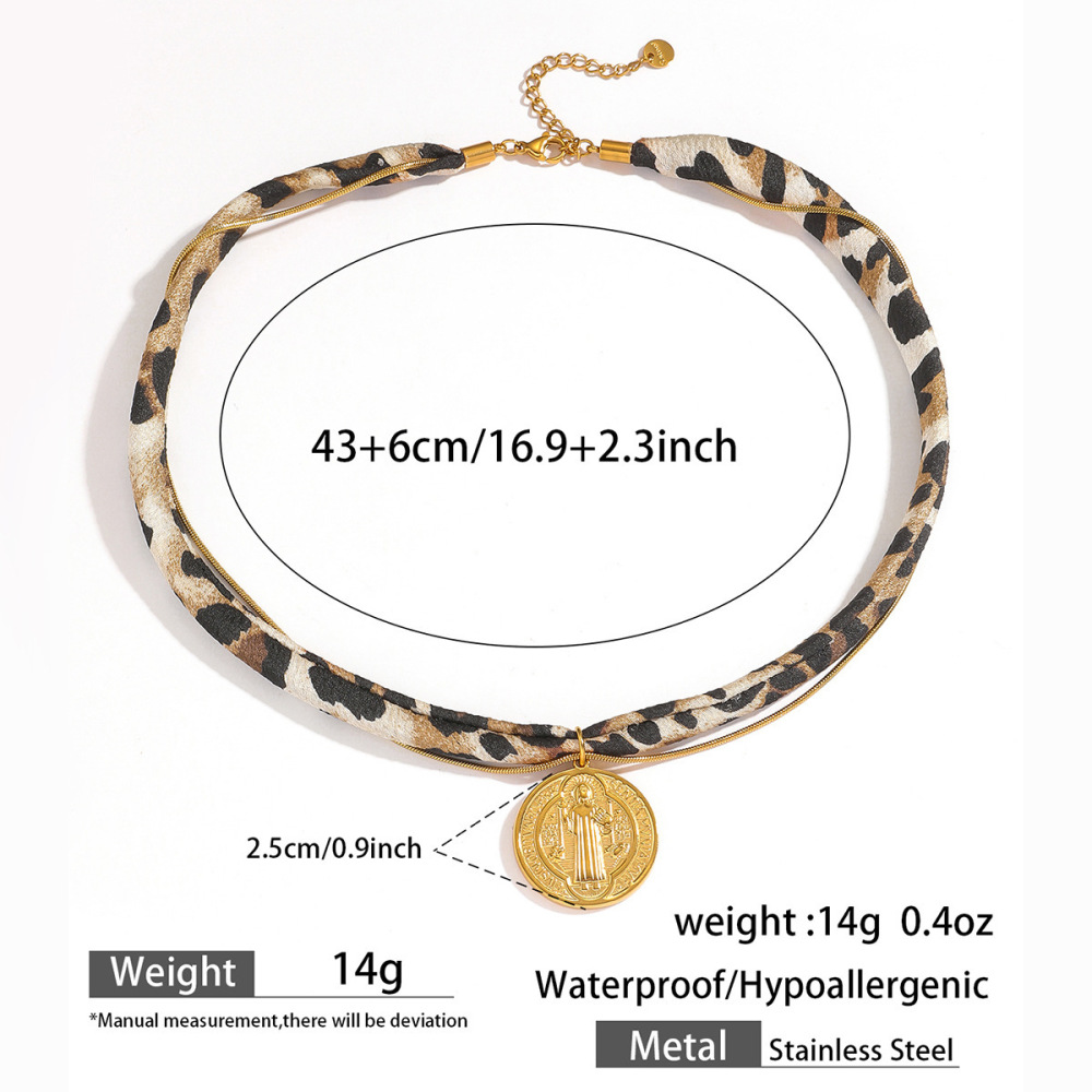 Myya  Stainless Steel Sun Flower Coin Pendant Clavicle Chain Necklace Leopard Pattern Fabric Bohemian Style