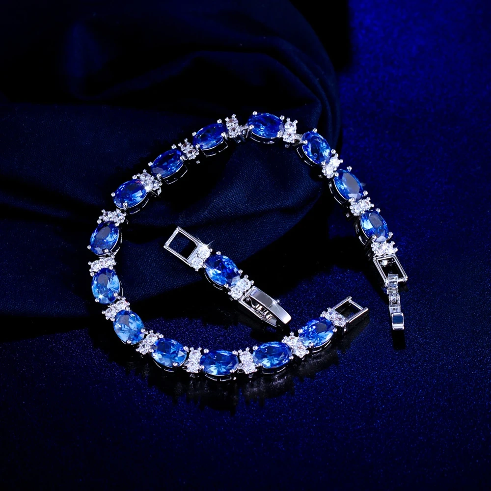 1 Copper Bracelet New Luxurious Blue Oval Cubic Zirconia Tennis Bracelet Suitable For Women Bride Wedding Evening Jewelry Accessories