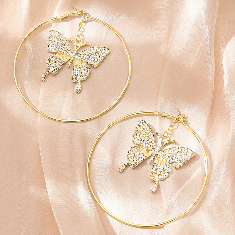 Butterfly Shaped Hoop Earrings Women's Fashion Diamond Pendants Circle Studs Elegant Jewelry Accessories Copper Material