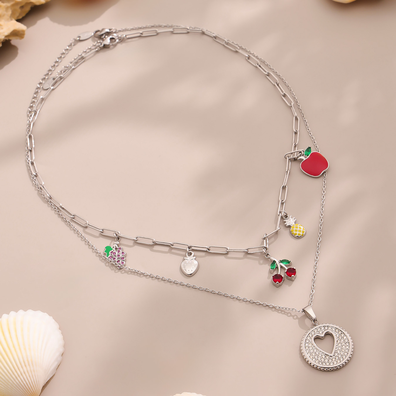 Stainless Steel DIY Fruit Pendant Necklace Round Hollow Heart Zirconia Cherry Grape Pineapple Design Jewelry For Women Lobster Clasp