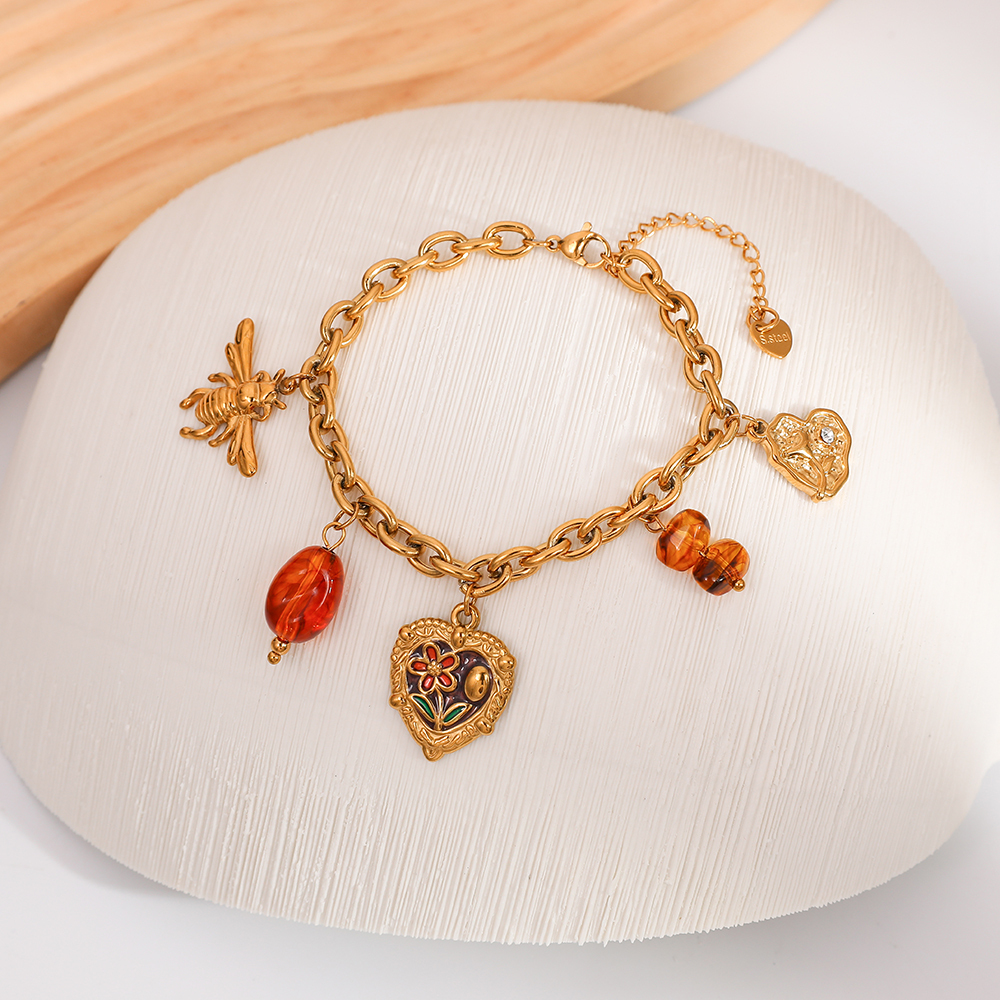 Oil Drip Flower Heart Shape Pendant Ins Style Little Bee Pendant Vacuum Electroplating 18K Real Gold 304 Stainless Steel DIY Bracelet
