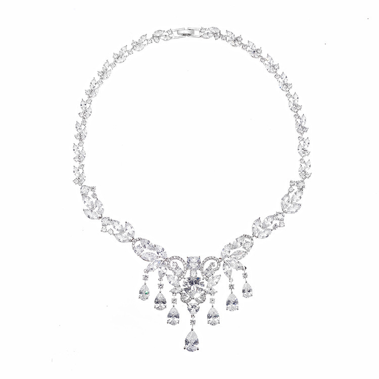 Wedding Couple Symmetrical Tassel Necklace Earrings Set Zirconia Ornament Two-Piece Set Luxury Style Copper Material Women