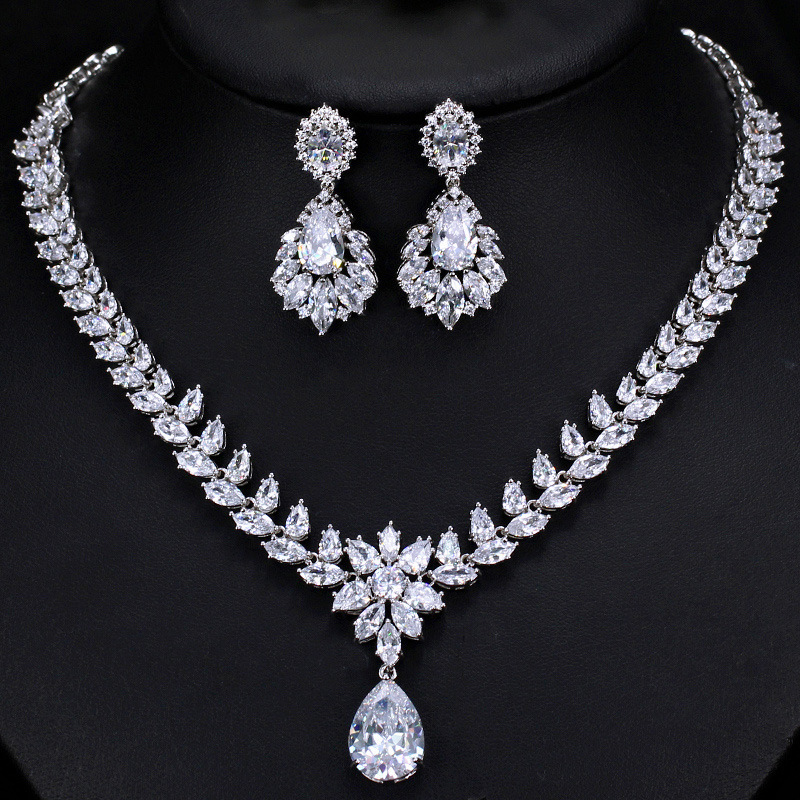 Banquet Birthday Date Copper Women's Zircon Silver Rhodium Plated Water Droplets Flower Jewelry Set