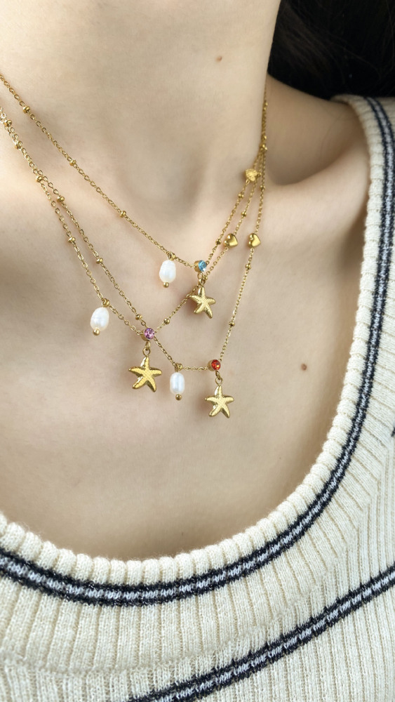Fashionable Starfish Anchor Chain Necklace Simple Stylish Match All Stainless Steel Geometric Pattern Round And Dot Plated Women's Jewelry