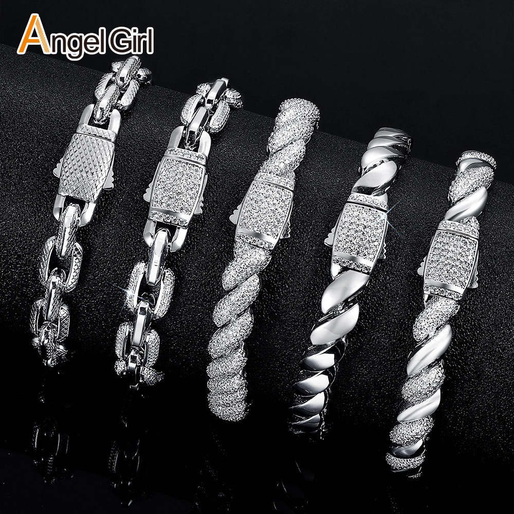 Seven-Link Bracelet Heavy Design Hip-Hop Fashion Brass Geometric Pattern Engraved Zircon Unisex Jewelry Accessories Water Plated Platinum