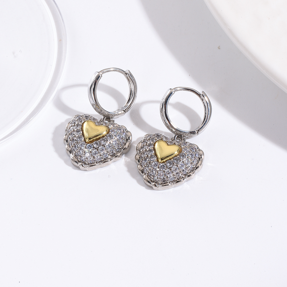 18K Gold Plated Smooth Color-Retaining Full Zirconia Two-Tone Heart-Shaped Dangle Earrings Ear Clips Ear Jewelry