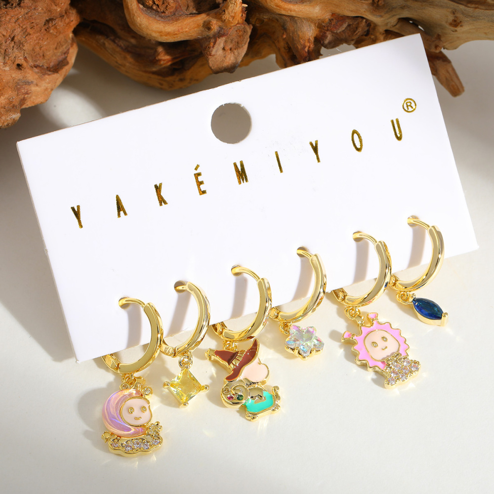 Cute Character Doll Earring Set Copper Plated 14K Gold Embedded Zirconia Studs Women's Fashion Jewelry Accessory For Casual And Date
