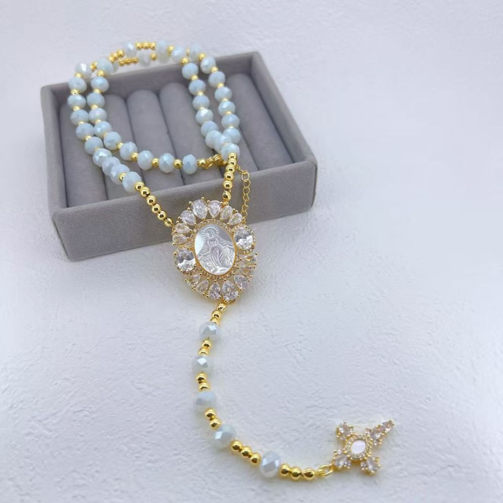 European And American Hot-Selling Color-Retaining Electroplated Zircon Shell Virgin Mary Father Cross Acrylic Pearl Copper Simple Style Lobster Clasp Necklace