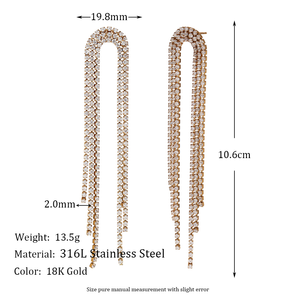 PVD Coated Real Gold Plated Tassel 304 Stainless Steel Classic Style Waterproof Non Tarnish Dangling Earrings