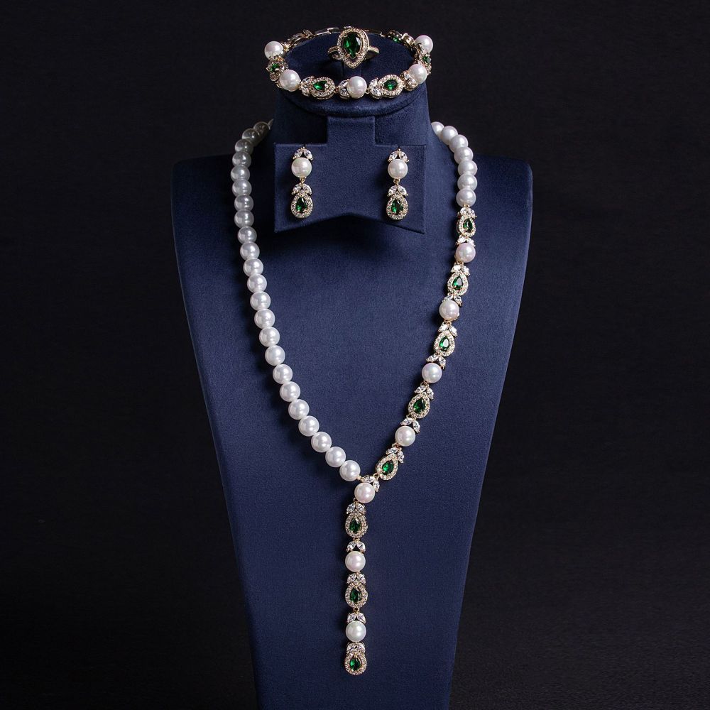 Luxurious Pearl Necklace And Earring Set Full Of Zirconium Stones For Banquet Elegant Accessories Wedding Jewelry