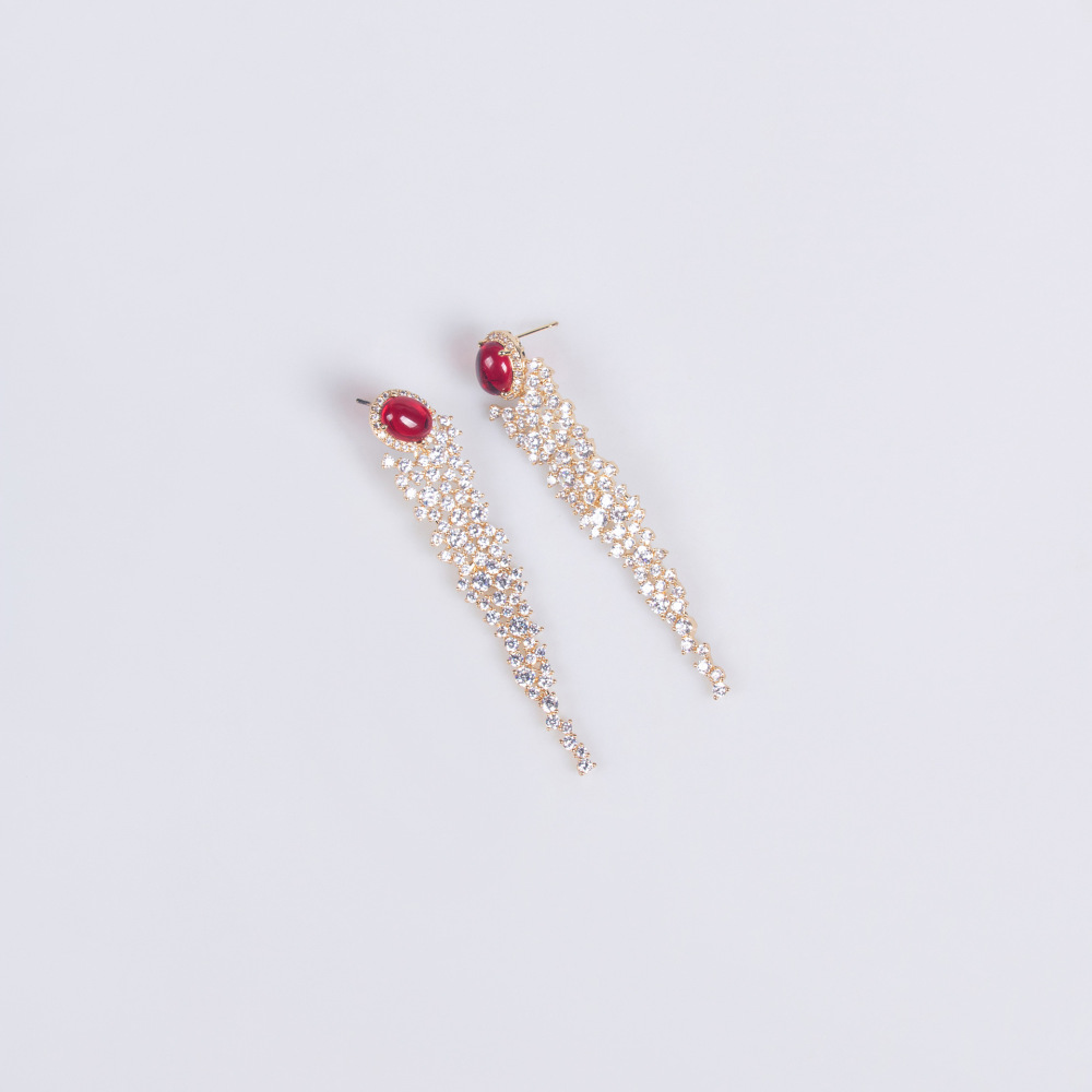 Fashionable Long Tassel Earrings Geometric Embedded Diamond Elegant Women's Jewelry Accessories Sweet Cool Style Copper Material