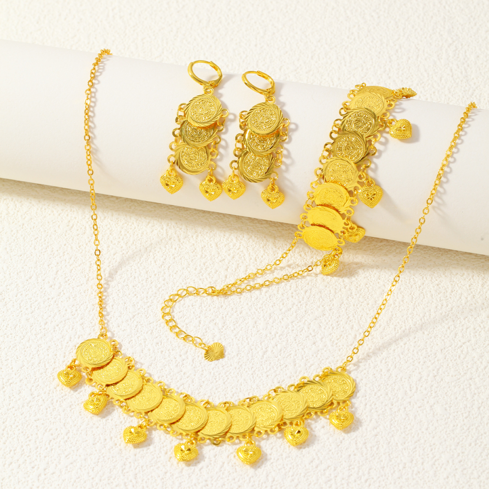 4pcs Middle Eastern Fashion Retro Heart Pendant Gold Coin Jewelry Set, Suitable For Daily Wear At Parties And Banquets, Holiday Gift