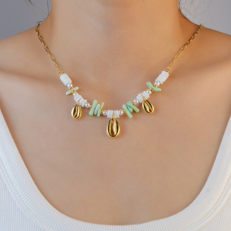 Fashion 304 Stainless Steel Shell Starfish Conch Necklace For Women Vacation Beach Ocean Style Coconut Tree Titanium Steel Jewelry Accessories