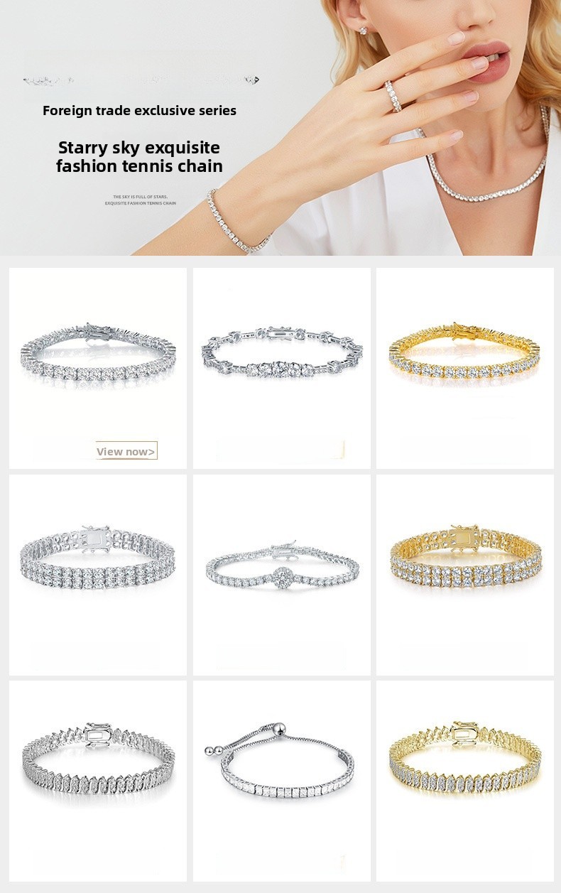 Fashion Heavy Gradient Zircon Tennis Necklace Clasp Chain 4-Prong Design Unisex Solid Color Copper Necklace Cool Sweet Style