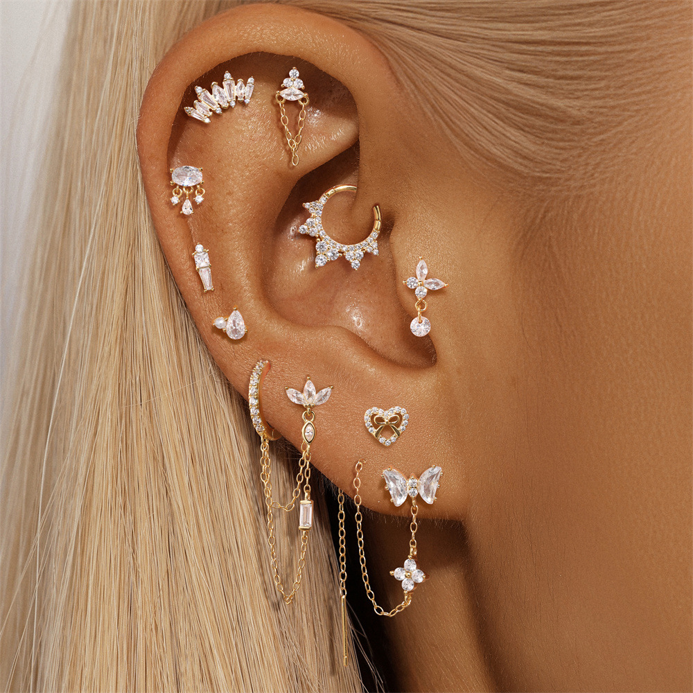 S925 Sterling Silver Geometric Diamond Koi Animal Flat Head Threaded Piercing Ear Bone Nail  Hot Selling Classic Ear Jewelry