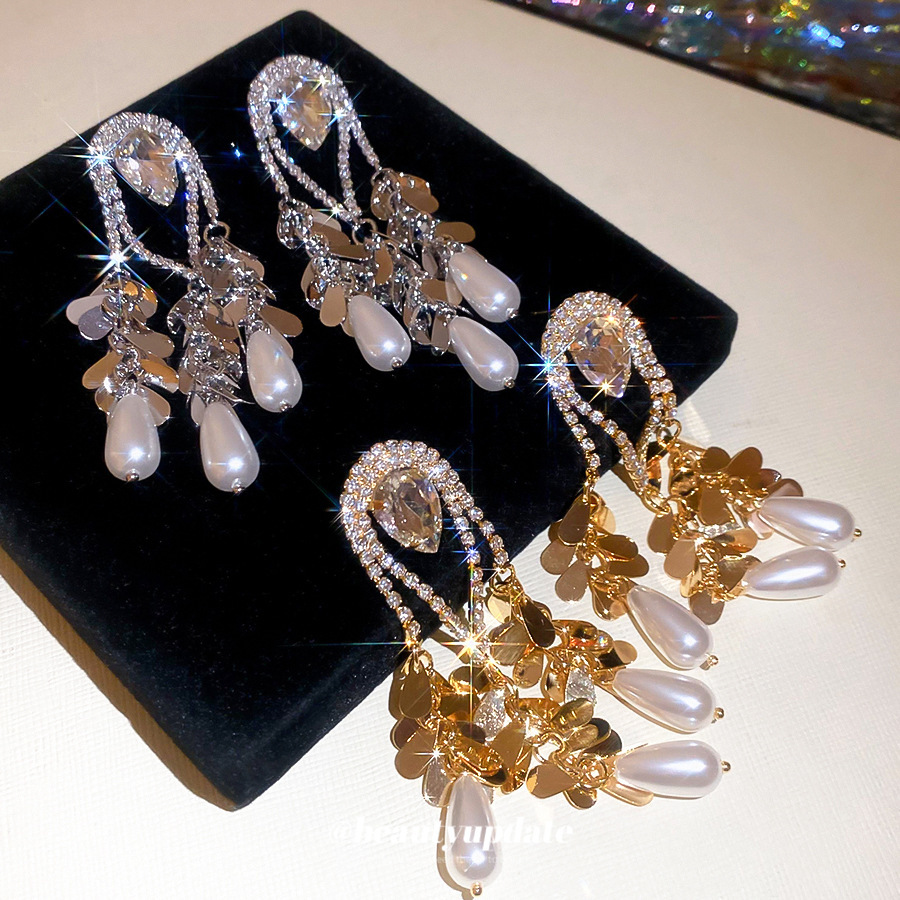 Gold Plated Silver Pin Inlaid Diamond Water Drop Pearl Earrings Vintage Heavy Earrings Jewelry Accessories