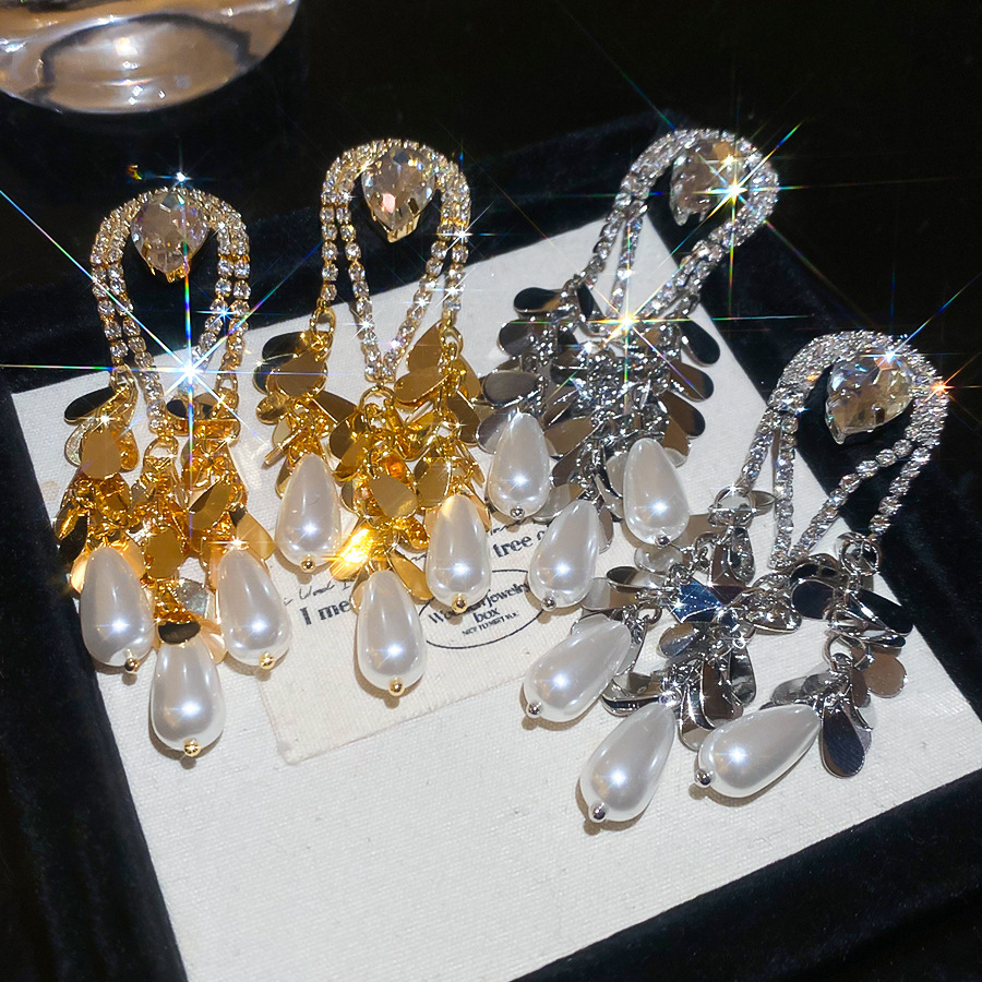 Gold Plated Silver Pin Inlaid Diamond Water Drop Pearl Earrings Vintage Heavy Earrings Jewelry Accessories