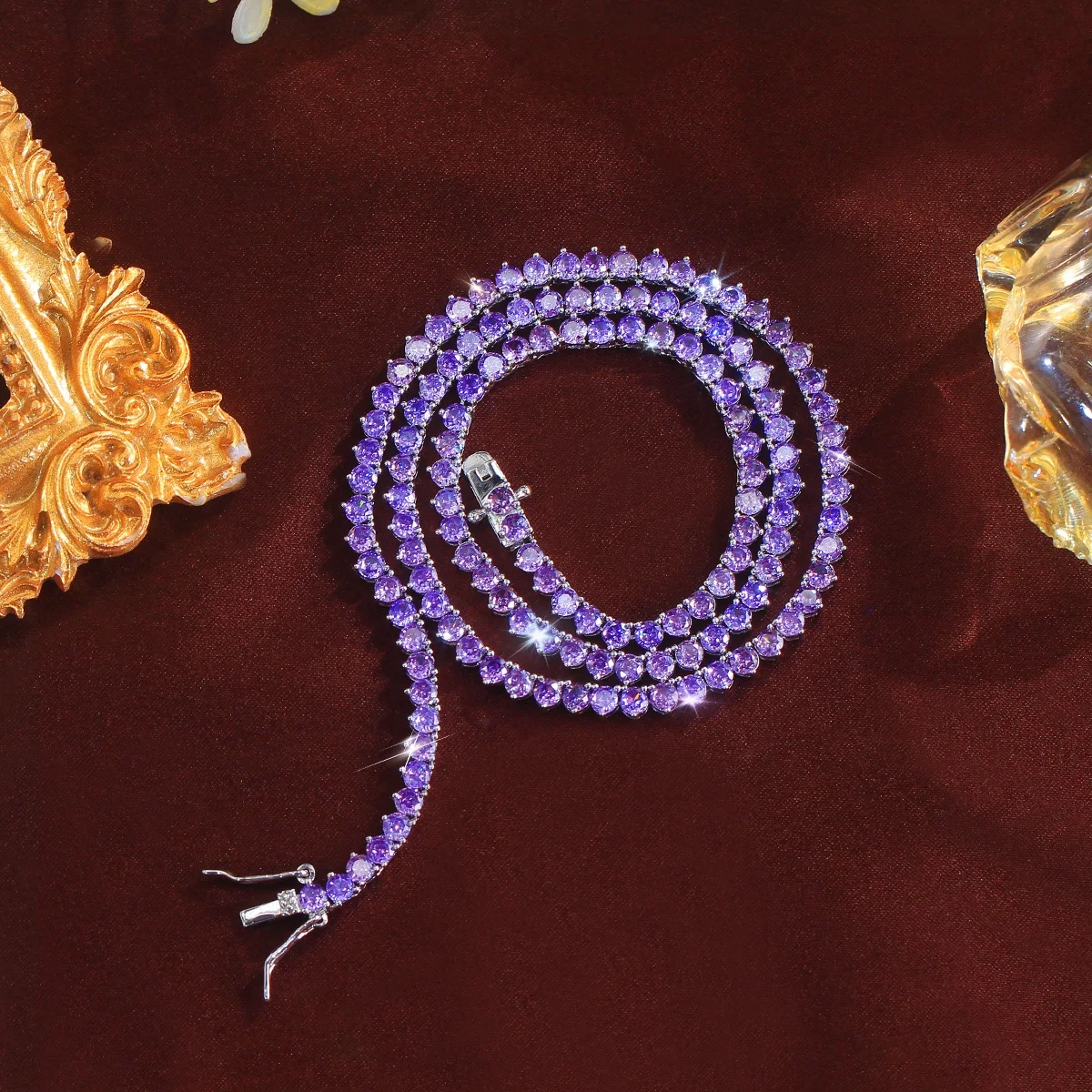 Copper Material Water Plated Rhodium Inlaid Purple Round Zircon Geometric Pattern (Jewelry) Waterproof Non-Fading Butterfly Clasp Women's Wedding Full Diamond Tennis Necklace