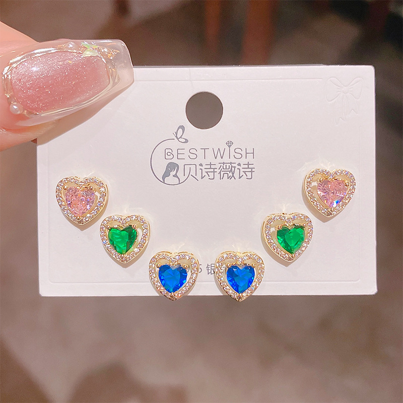 New High-grade Color Zircon Love Earrings Three Pair Of Women's Silver Needle Elegant Earrings 6-piece Earrings