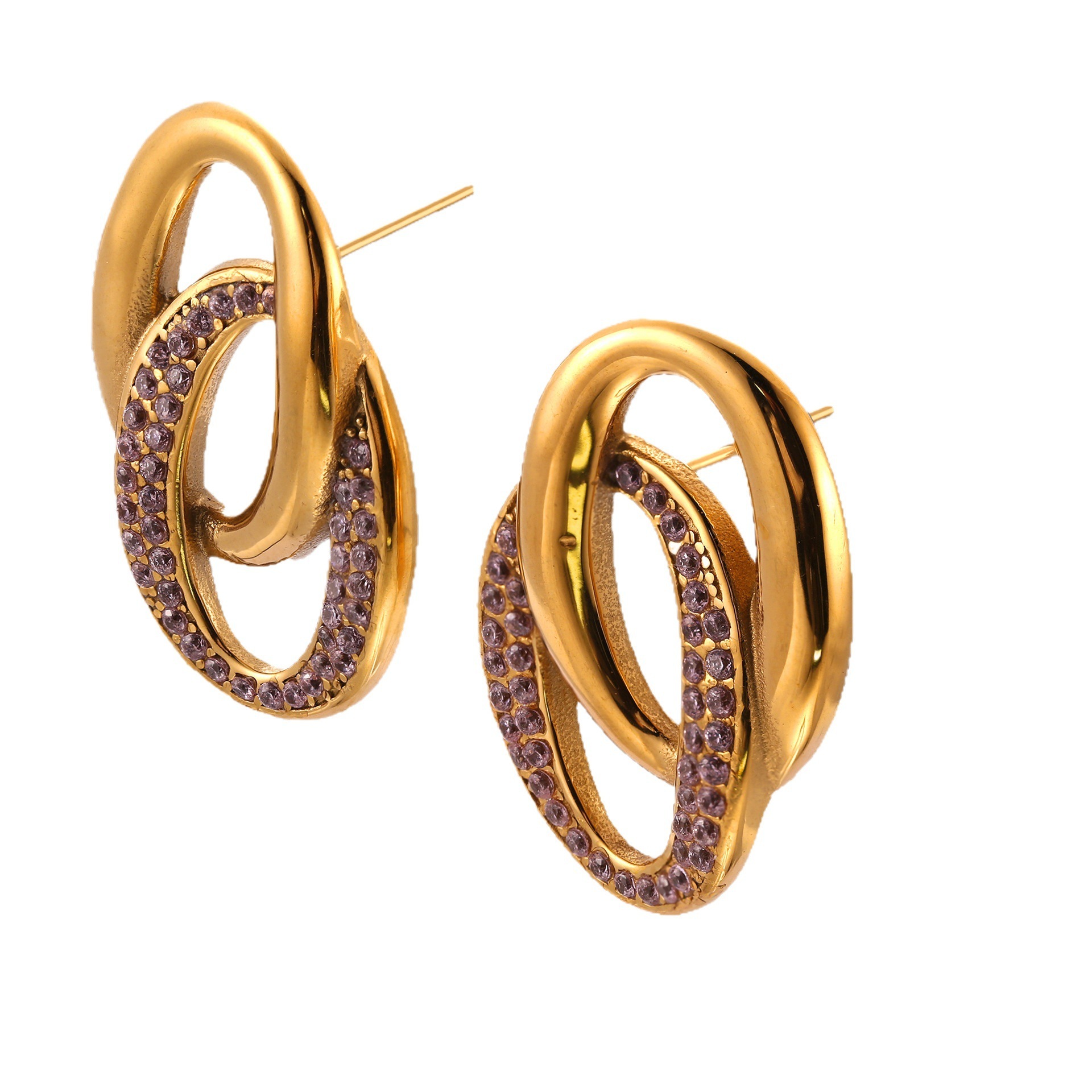 UV Electroplated 18K Real Gold Stainless Steel Casting Double O Splicing Zirconia Earrings Niche European And American Style Trendy Fashion Earrings