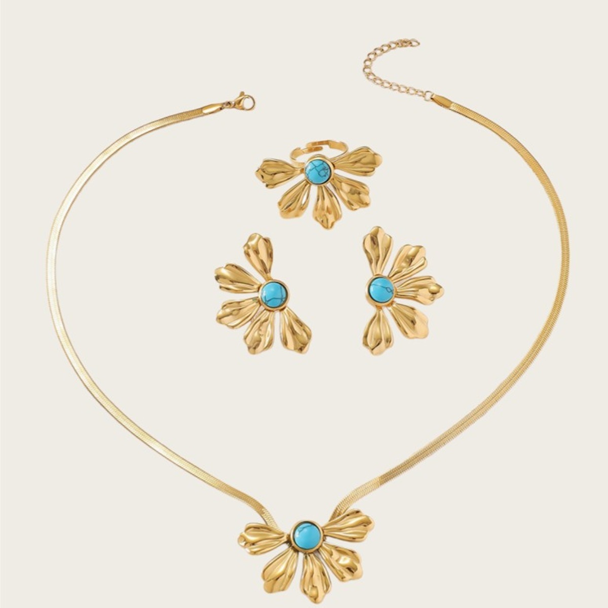 Stainless Steel 18K Vacuum Gold Plated Personality Trendy 18K Water Drop Petal Shape Blade Chain Necklace Titanium Steel Three-Piece Jewelry Set Women's Jewelry Accessories