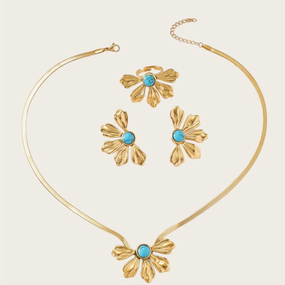 Stainless Steel 18K Vacuum Gold Plated Personality Trendy 18K Water Drop Petal Shape Blade Chain Necklace Titanium Steel Three-Piece Jewelry Set Women's Jewelry Accessories