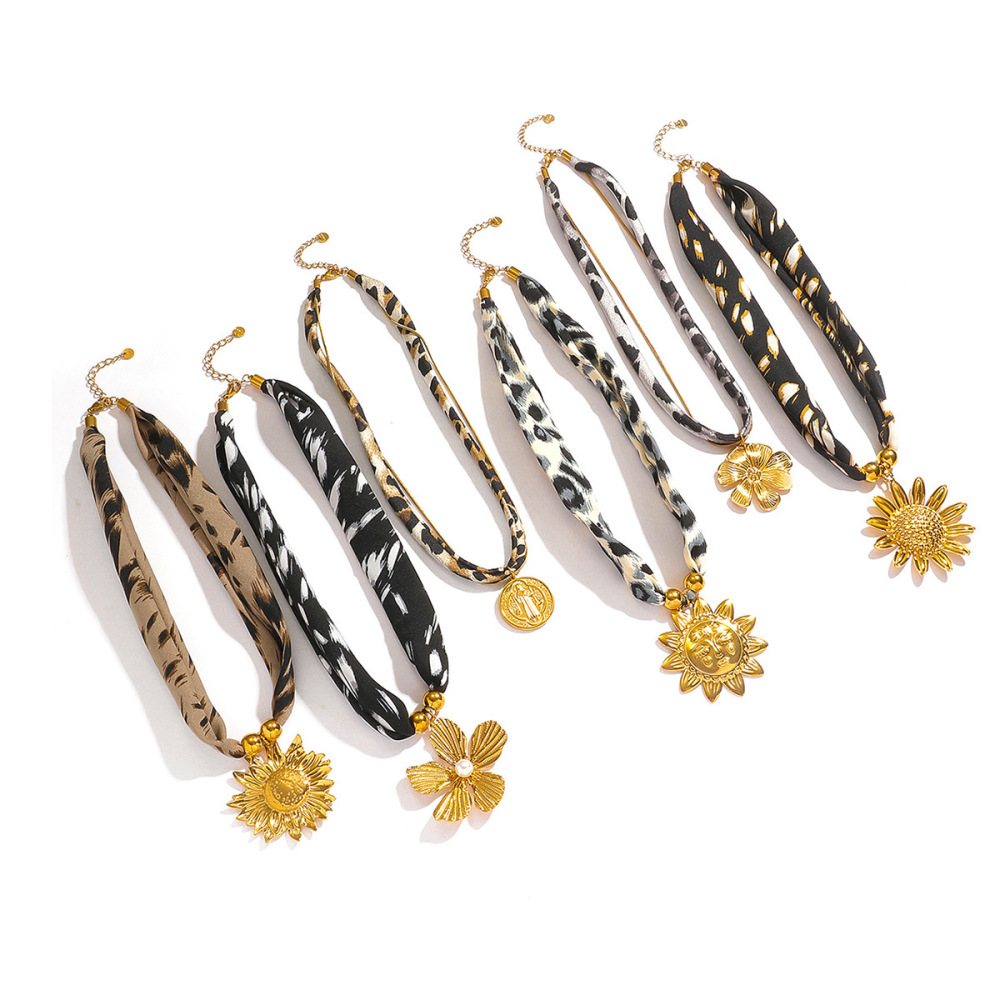 Myya  Stainless Steel Sun Flower Coin Pendant Clavicle Chain Necklace Leopard Pattern Fabric Bohemian Style