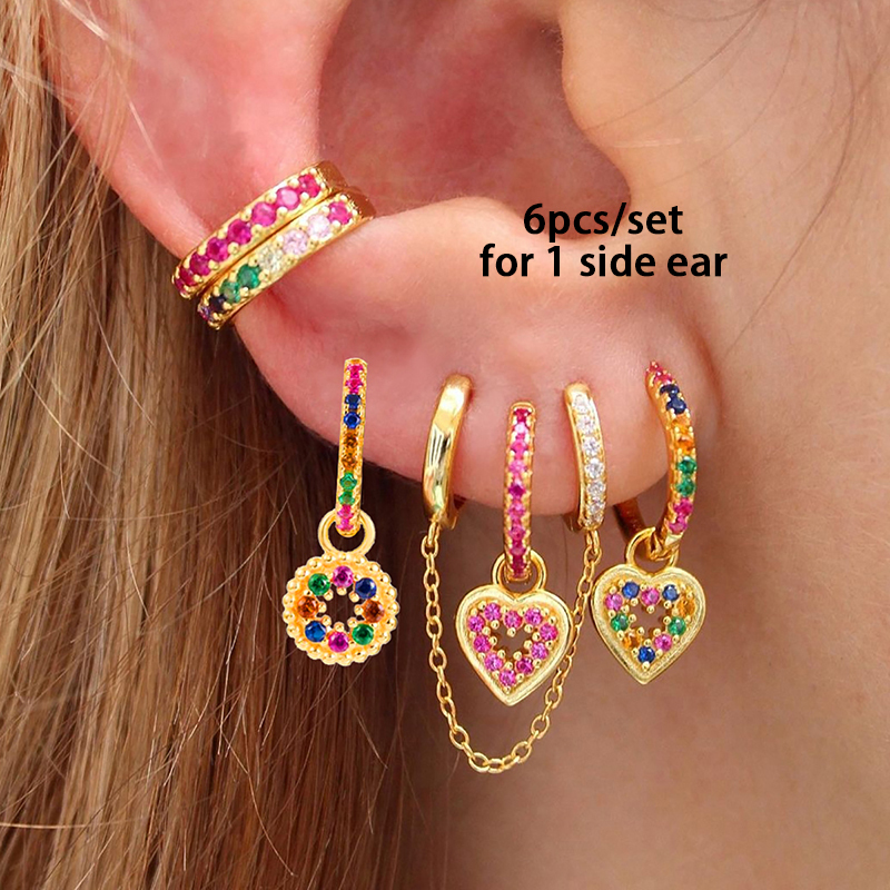 Luxury Zircon Earring Set Tiktok   Ins Style Heart And Circle Shape Gold Plated Copper Jewelry Accessories