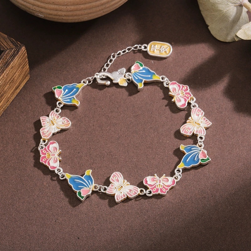 Silver-Plated Bracelet Enamel Butterfly Joy Gold-Plated Vintage Copper Geometric Pattern Bracelet New Chinese Style National Trend Exquisite Handmade Girlfriend Gift