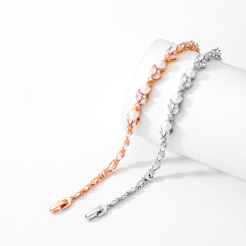 RAKOL New Luxury Light Weight Micro Paved Zircon Pearl Bracelet For Women Fashionable Versatile Hand Jewelry Geometric Pattern