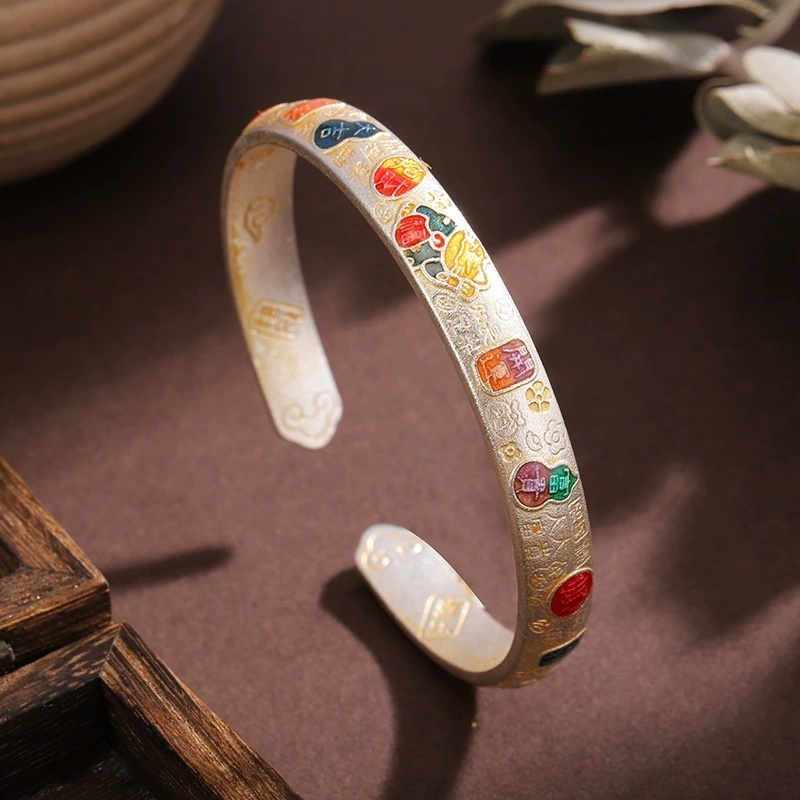 Vintage Ethnic Style Silver-Plated Bracelet Enamel Lucky Cat Auspicious Bracelet For Women New Chinese Style National Style Copper Universal Electroplated Silver Bracelet Gift For Girlfriend