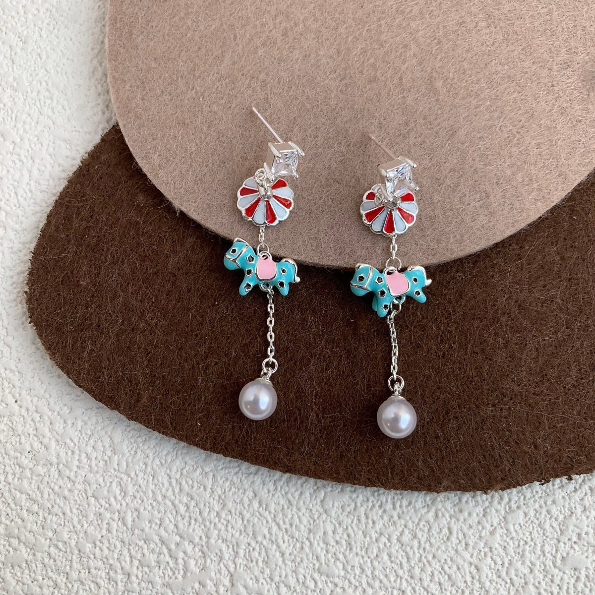 Creative Christmas Decorations Asymmetric Zircon Mini Umbrella Rotating Horse Pearl Earrings Jewelry Ear Studs For Women