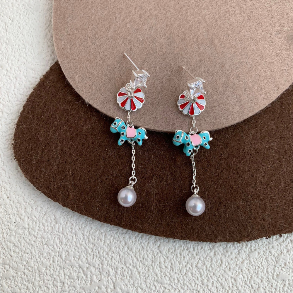 Creative Christmas Decorations Asymmetric Zircon Mini Umbrella Rotating Horse Pearl Earrings Jewelry Ear Studs For Women