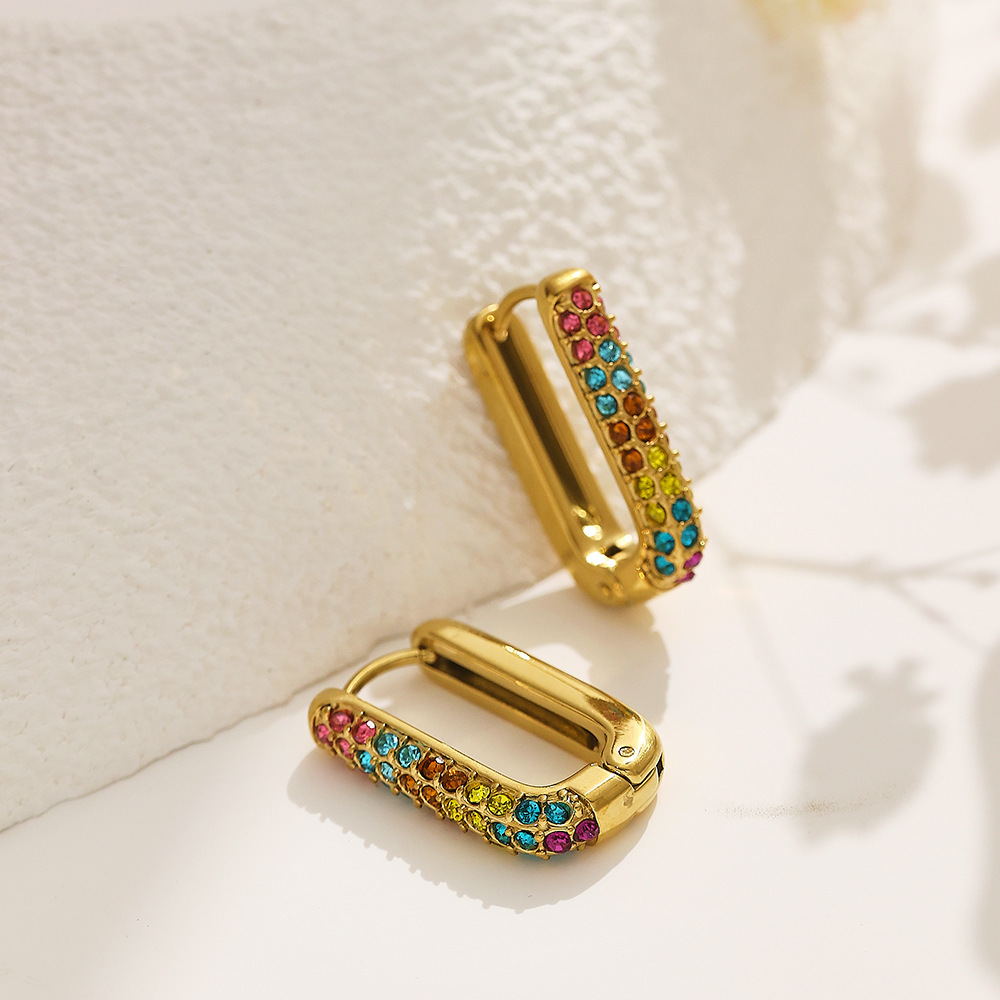 Titanium Steel Color Diamond Inlaid U-shaped Zircon Women's Earrings Stainless Steel Earrings Hoop