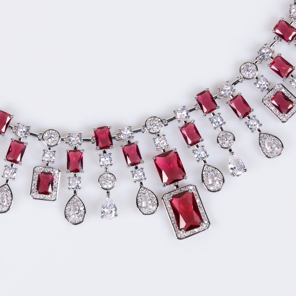 Hip-Hop Luxury Elegant Fashion Women's Water Drop Square Zircon Necklace Earrings Bridal Banquet Jewelry Set