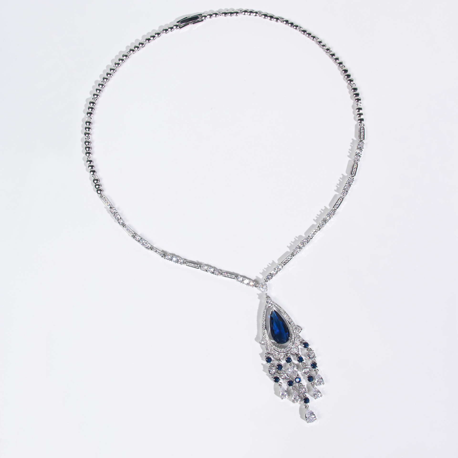 New Water Drop Tassel Necklace Earrings Set Inlaid Zircon High-End Luxury Dress Accessories Jewelry For Women