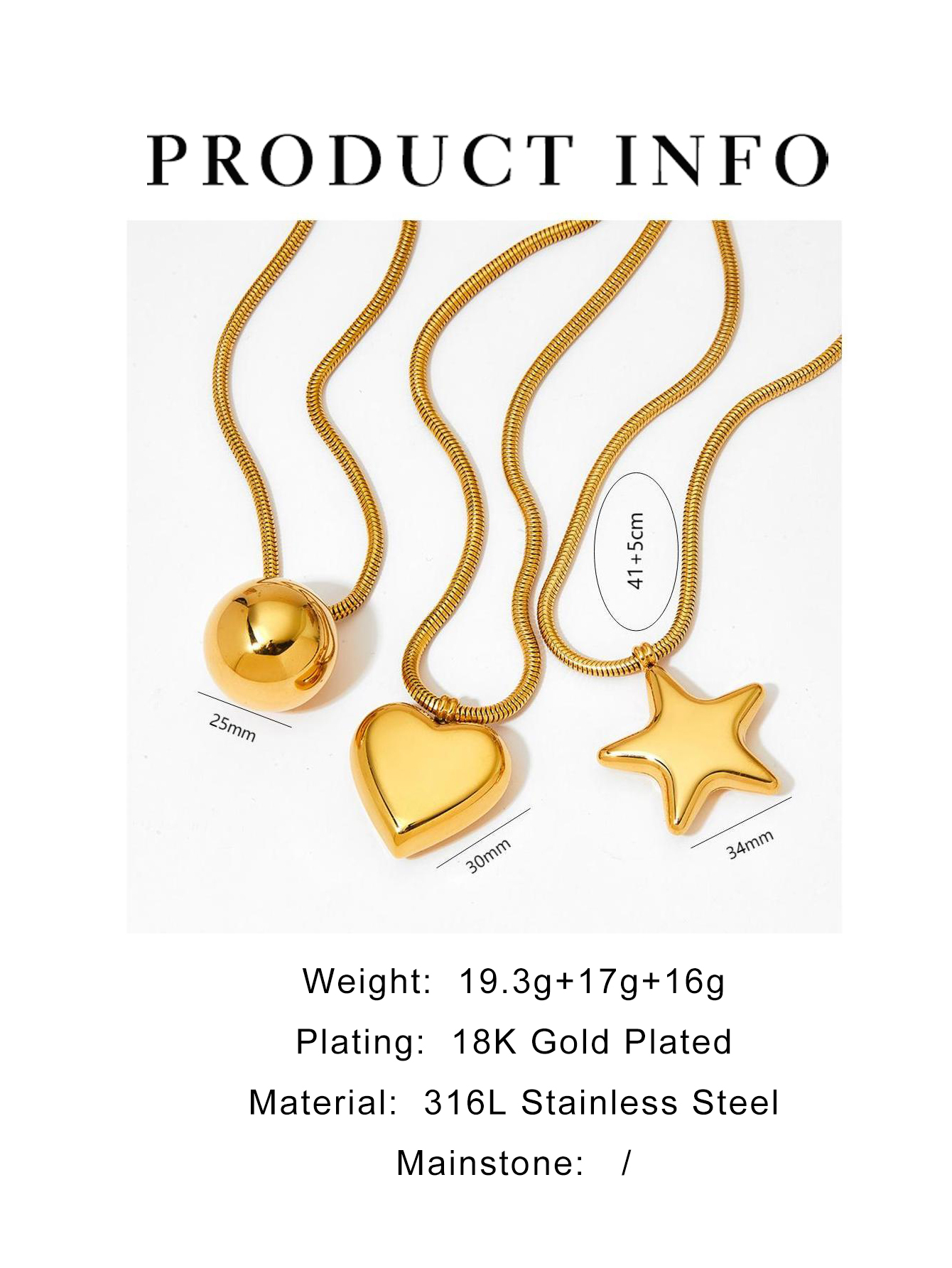 304 Stainless Steel Solid Color PVD Coated Real Gold Plated Simple Style Classic Style Waterproof Non Tarnish Surgical Steel Plating Gold Silver Pendant Necklace