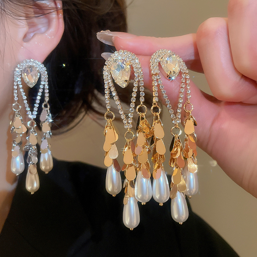 Gold Plated Silver Pin Inlaid Diamond Water Drop Pearl Earrings Vintage Heavy Earrings Jewelry Accessories